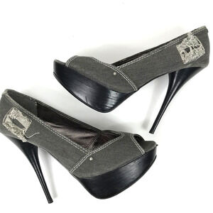 Bakers Eryn Heels Denim Platform Peep Toe High Distressed Gray Womens Size 10M